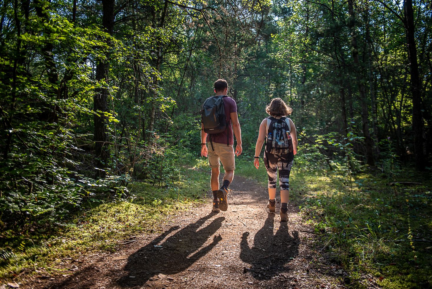 Deux randonneurs sur un des sentiers traversant la végétation dense de la réserve naturelle